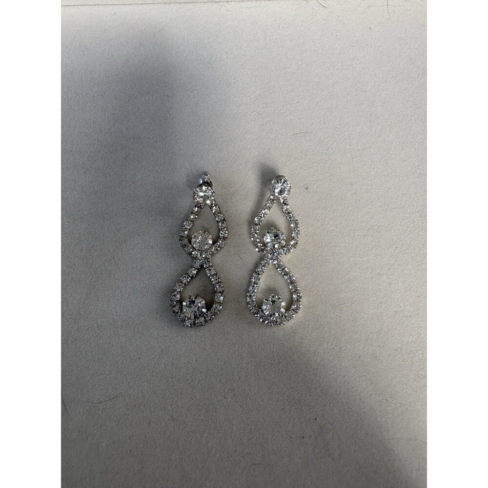 Art Deco Silver Tone Double Tear Drop Dangle Rhinestone Earrings Wedding